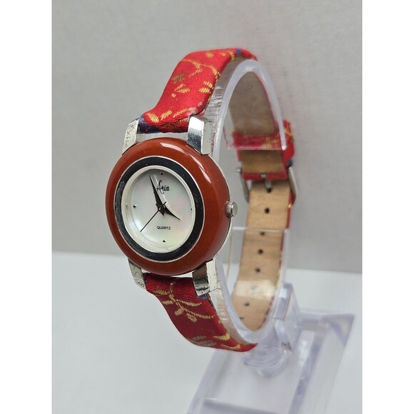 Aria Womens 925 Sterling Silver Quartz Watch Stone Bezel Red Brocade New Battery main image 6